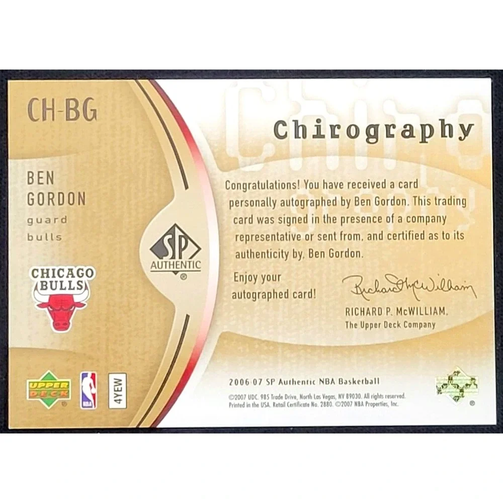 2006-07 SP AUTHENTIC BEN‎ GORDON CHIROGRAPHY AUTO #D/25